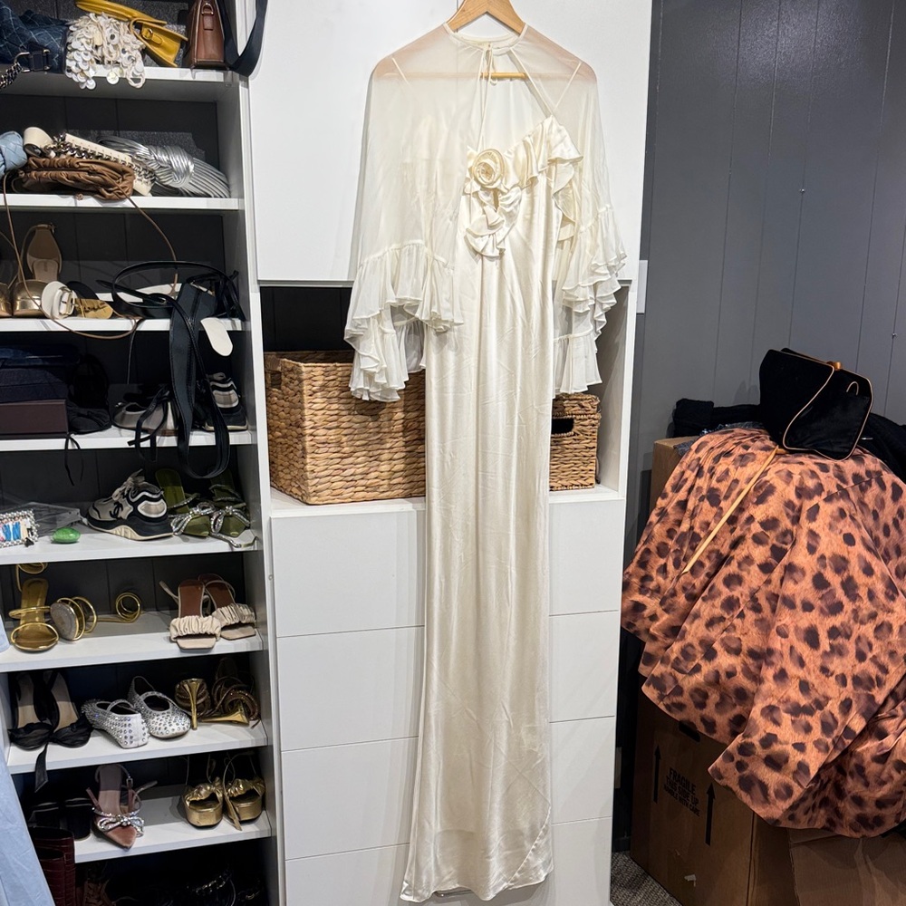 Ivory Ruffled Silk Dress with Sheer Cape - Picture 2 of 9